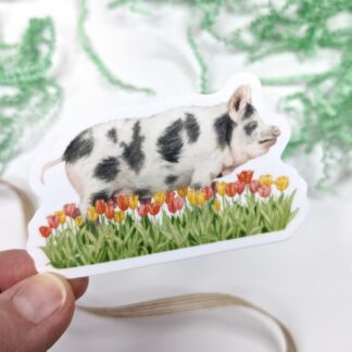 Pig and Tulips Vinyl Waterproof Die Cut Sticker- 1.75 x 3 inch